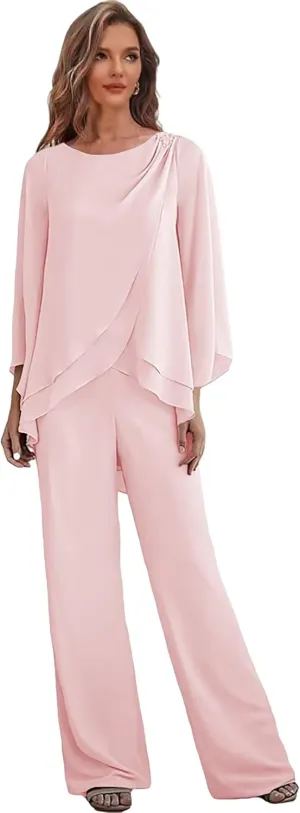 2 Pieces Mother of The Bride Pant Suits for Women Chiffon Wedding Guest Pantsuits with Sleeves Outfit Set