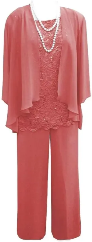 3 Piece Mother of The Bride Dress Pant Suit with Jacket Long Chiffon Formal Dresses for Women Wedding Guest
