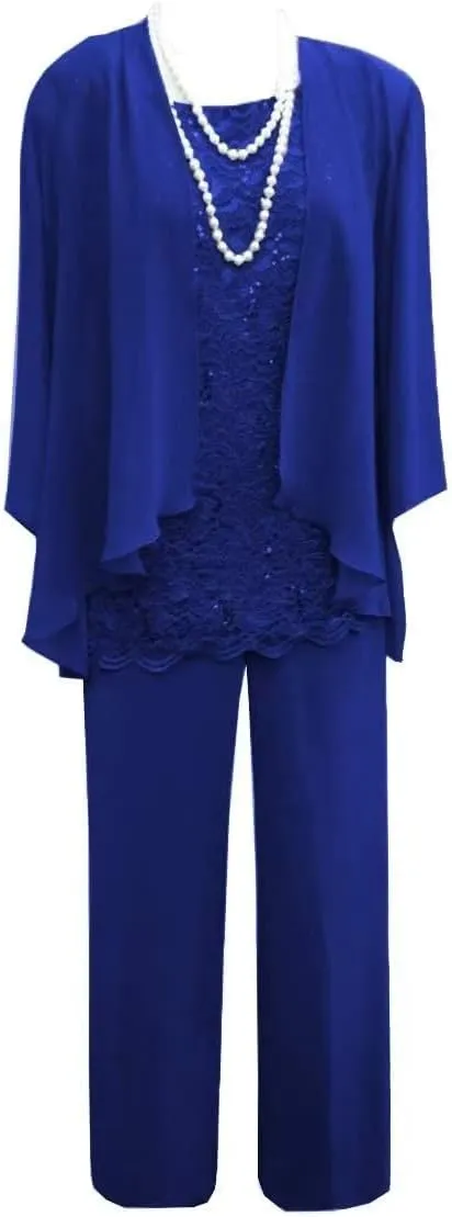 3 Piece Mother of The Bride Dress Pant Suit with Jacket Long Chiffon Formal Dresses for Women Wedding Guest