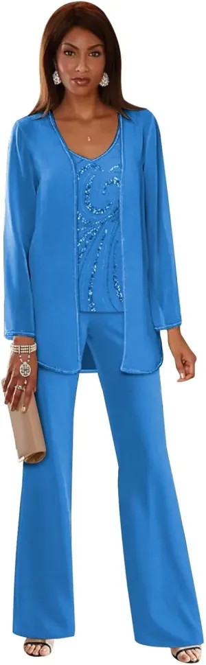 3 Pieces Mother of The Bride Pant Suits Sequin Chiffon Pant Suits for Wedding Formal Women