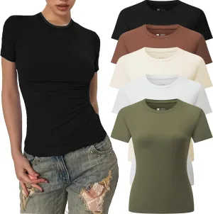 5 Pack Women's Crew Neck Ribbed Fitted Shirt Basic Short Sleeves Summer Bodycon Crop Tunics Going Out T Shirt Tops