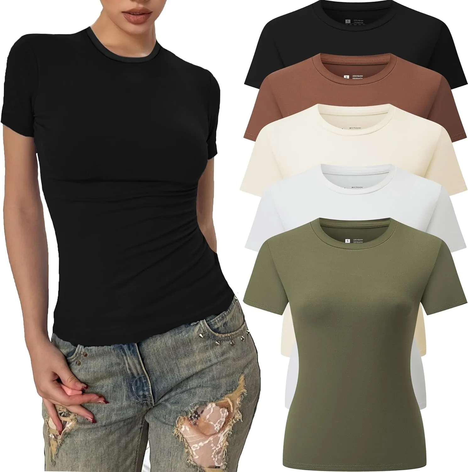 5 Pack Women's Crew Neck Ribbed Fitted Shirt Basic Short Sleeves Summer Bodycon Crop Tunics Going Out T Shirt Tops