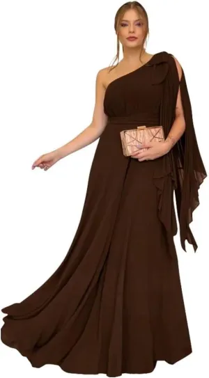 A-line Ruched Chiffon Long Evening Dresses for Women, One Shoulder Neck Prom Dress Sleeveless Formal Party Dress