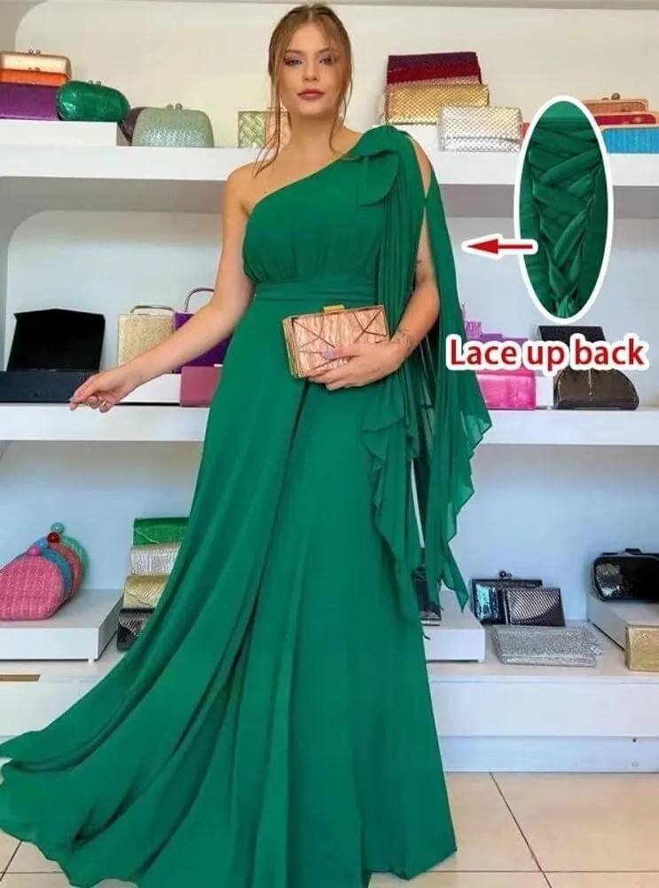 A-line Ruched Chiffon Long Evening Dresses for Women, One Shoulder Neck Prom Dress Sleeveless Formal Party Dress