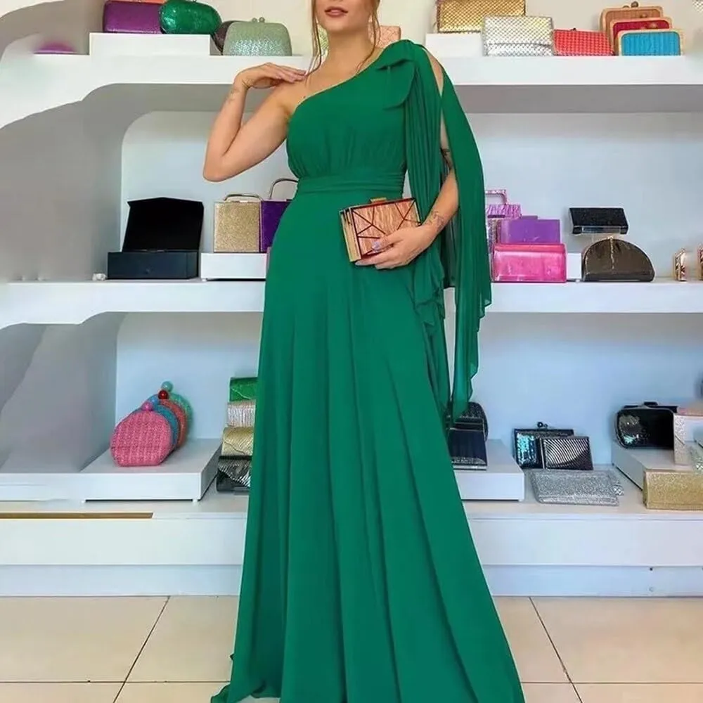 A-line Ruched Chiffon Long Evening Dresses for Women, One Shoulder Neck Prom Dress Sleeveless Formal Party Dress