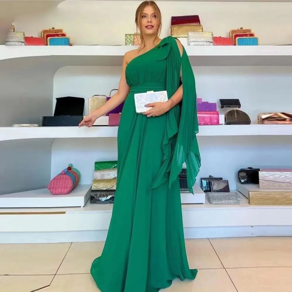 A-line Ruched Chiffon Long Evening Dresses for Women, One Shoulder Neck Prom Dress Sleeveless Formal Party Dress