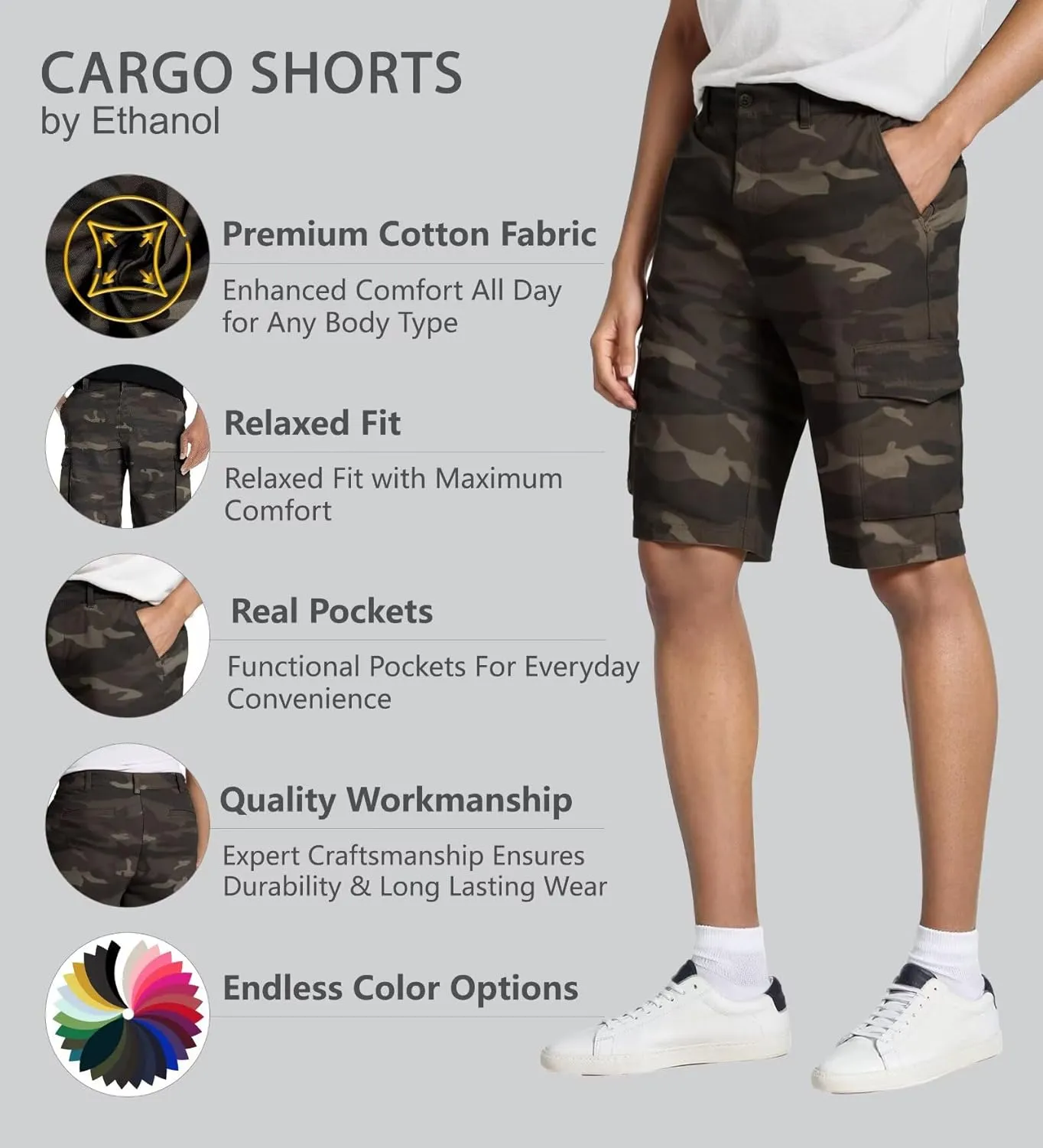 Agile Mens Casual Summer Flat Front Essential Stretch Shorts/Cargo Shorts with Pockets