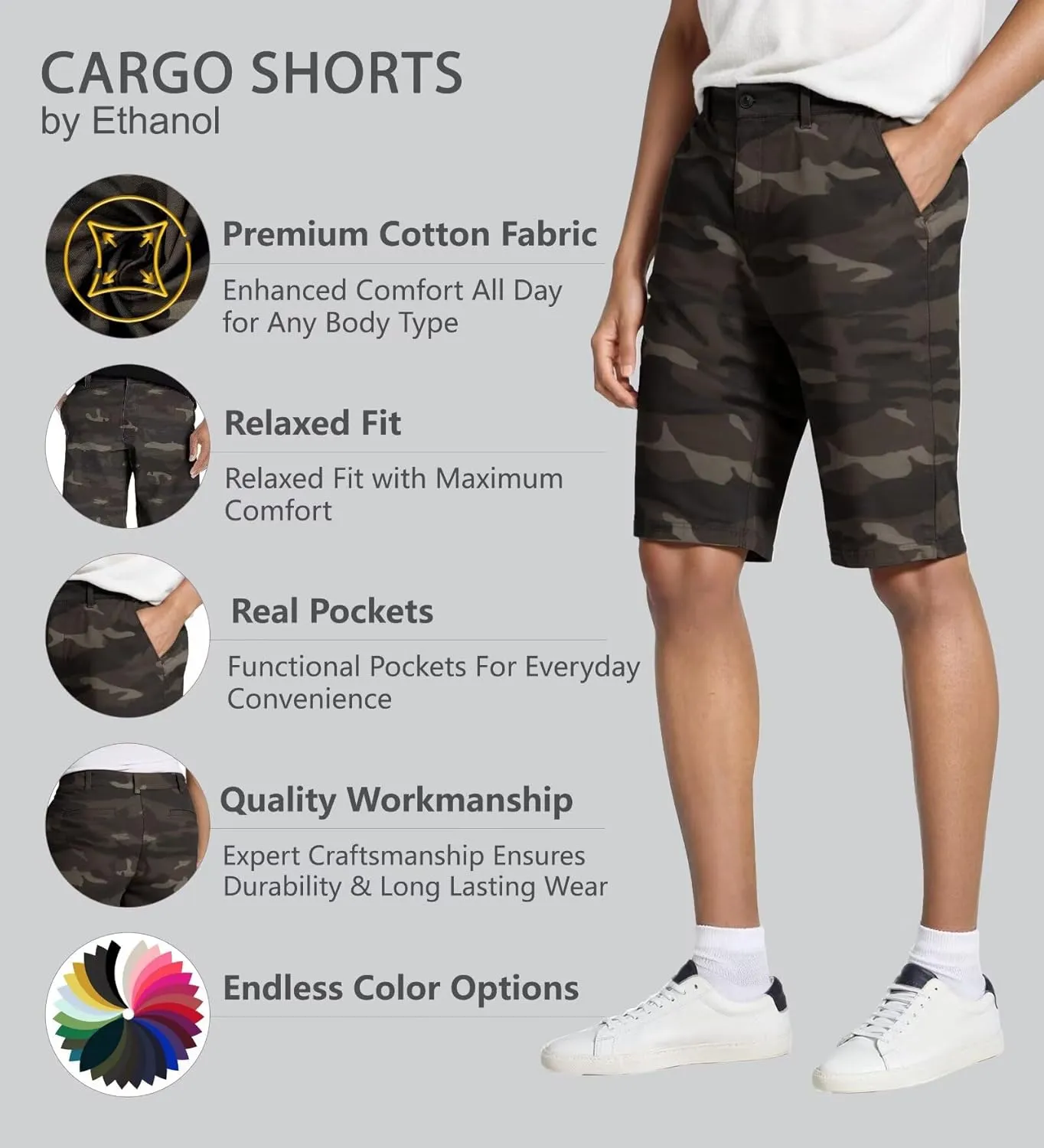 Agile Mens Casual Summer Flat Front Essential Stretch Shorts/Cargo Shorts with Pockets