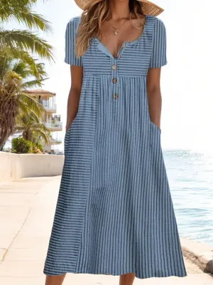 Akivide Women Casual Boho Short Sleeve Maxi Dress with Pocket Summer Loose Button Up Flowy Beach Long Tshirt Dress