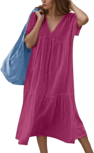 Akivide Women's Short Sleeve V Neck Cotton Linen Midi Dresses Casual Loose Solid Color Tiered Pleated Dress for Women