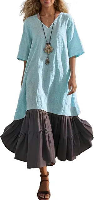 Akivide Women's Summer Cotton Linen Dress V Neck Short Sleeve Patchwork Flowy Casual Beach Vacation Midi Dresses