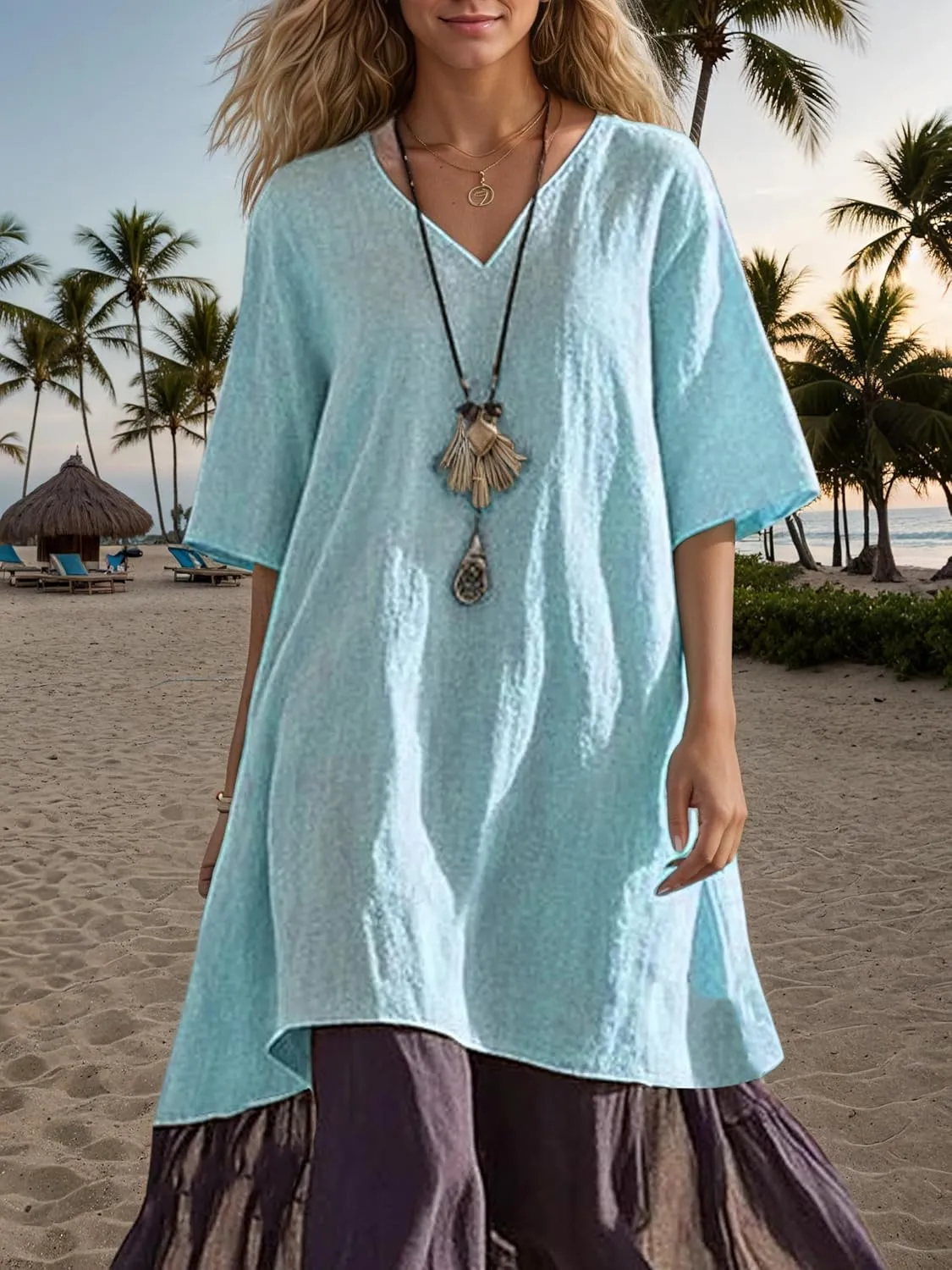 Akivide Women's Summer Cotton Linen Dress V Neck Short Sleeve Patchwork Flowy Casual Beach Vacation Midi Dresses