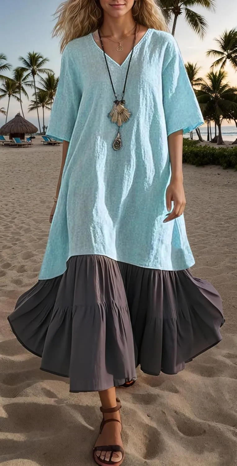 Akivide Women's Summer Cotton Linen Dress V Neck Short Sleeve Patchwork Flowy Casual Beach Vacation Midi Dresses