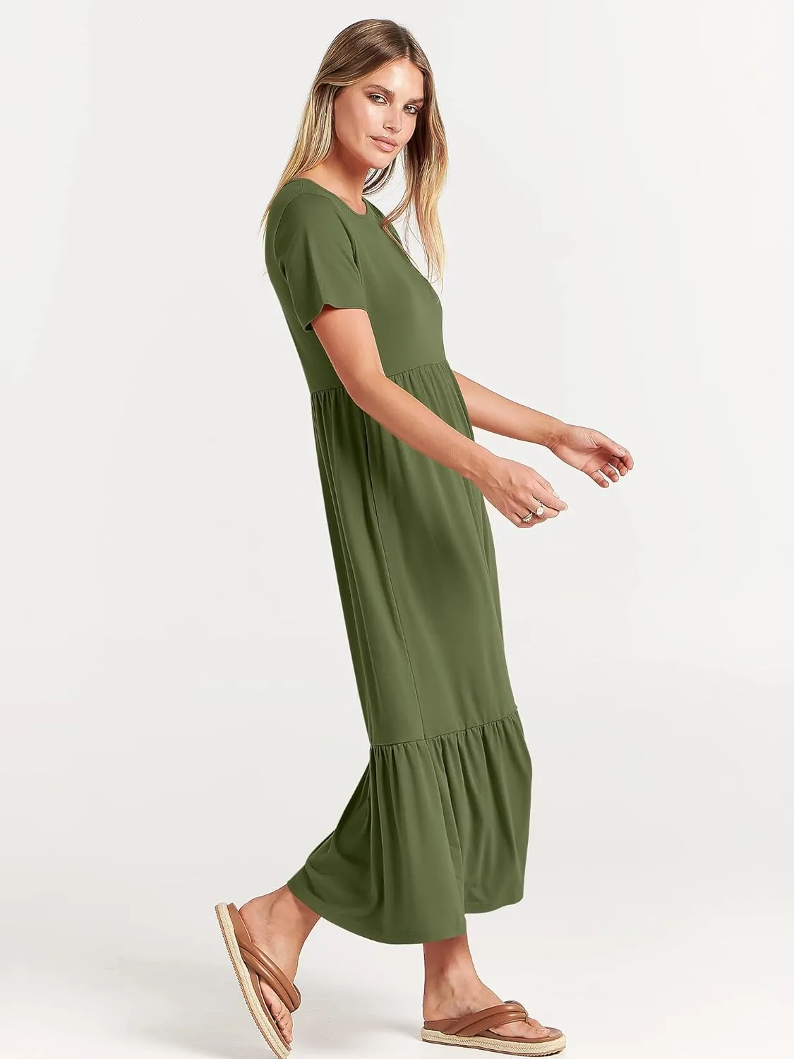 ANRABESS Women Summer Casual Short Sleeve Crewneck Aline Swing Flowy Tiered Shirt Maxi Beach Long Dress 2025 Trendy Outfits