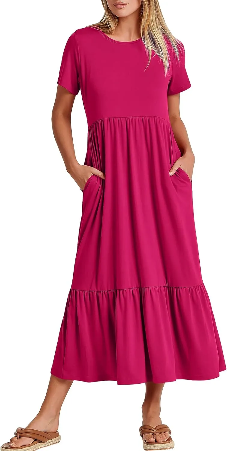 ANRABESS Women Summer Casual Short Sleeve Crewneck Aline Swing Flowy Tiered Shirt Maxi Beach Long Dress 2025 Trendy Outfits