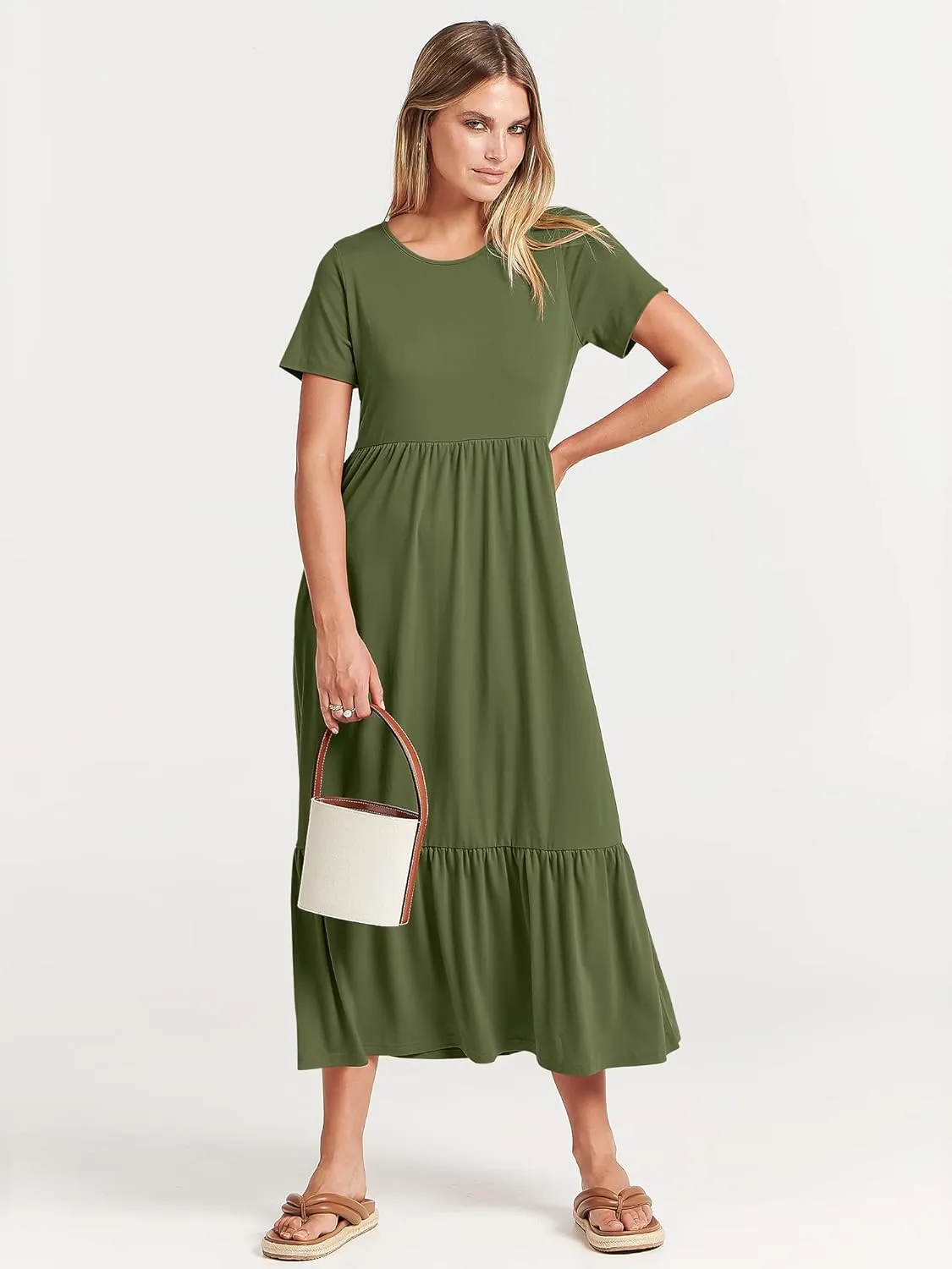 ANRABESS Women Summer Casual Short Sleeve Crewneck Aline Swing Flowy Tiered Shirt Maxi Beach Long Dress 2025 Trendy Outfits
