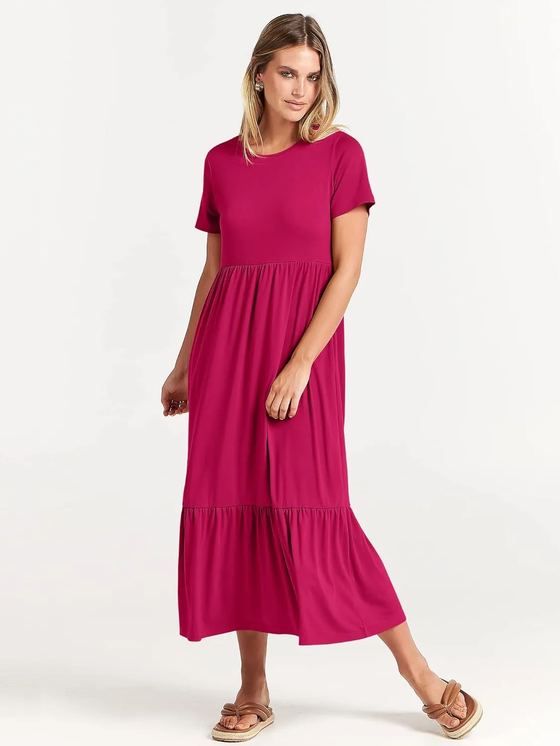 ANRABESS Women Summer Casual Short Sleeve Crewneck Aline Swing Flowy Tiered Shirt Maxi Beach Long Dress 2025 Trendy Outfits