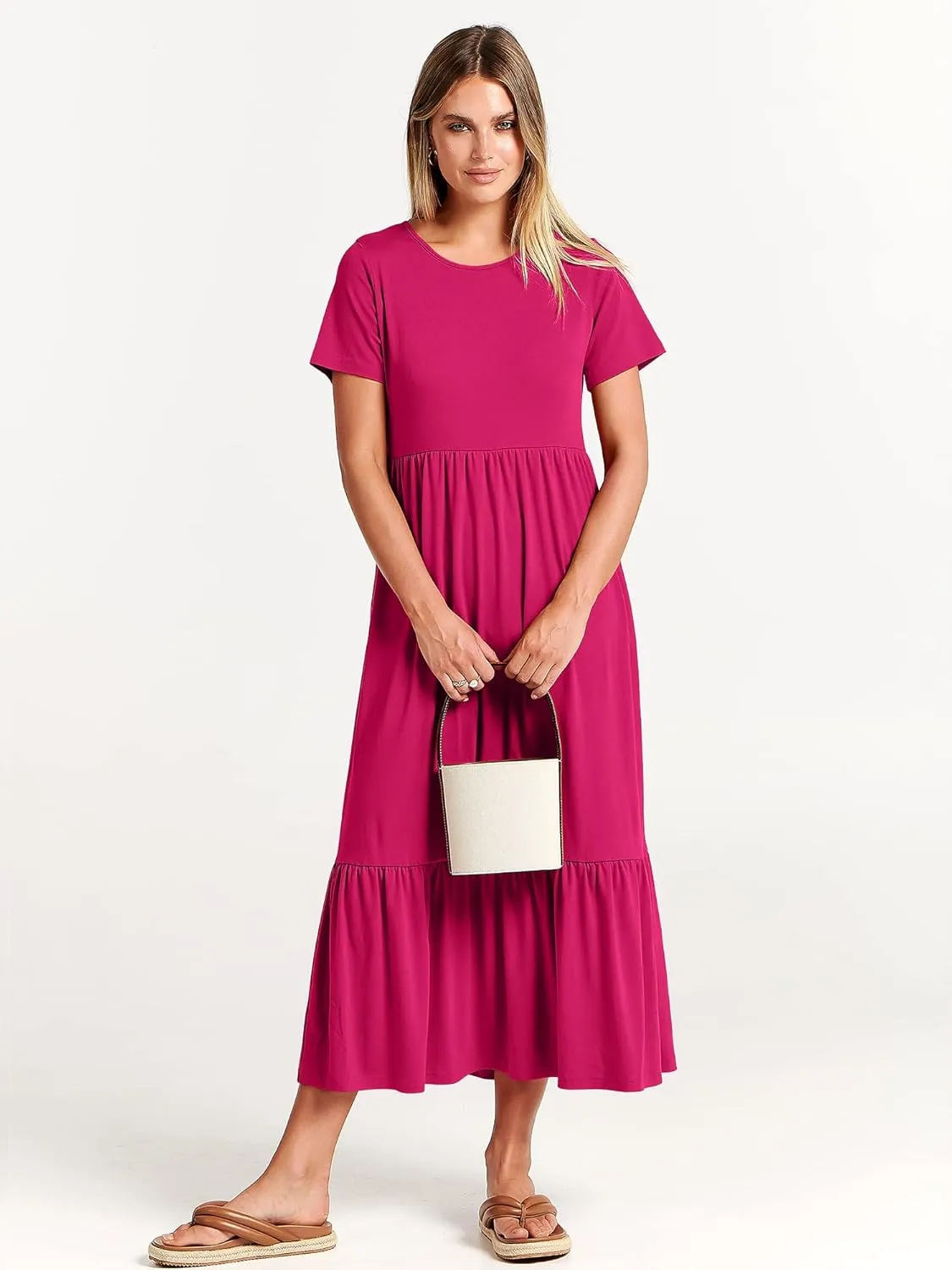 ANRABESS Women Summer Casual Short Sleeve Crewneck Aline Swing Flowy Tiered Shirt Maxi Beach Long Dress 2025 Trendy Outfits
