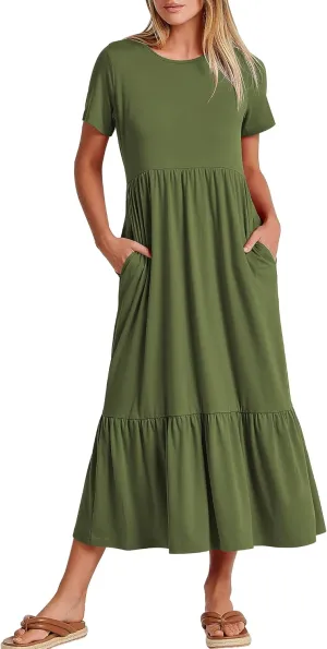 ANRABESS Women Summer Casual Short Sleeve Crewneck Aline Swing Flowy Tiered Shirt Maxi Beach Long Dress 2025 Trendy Outfits