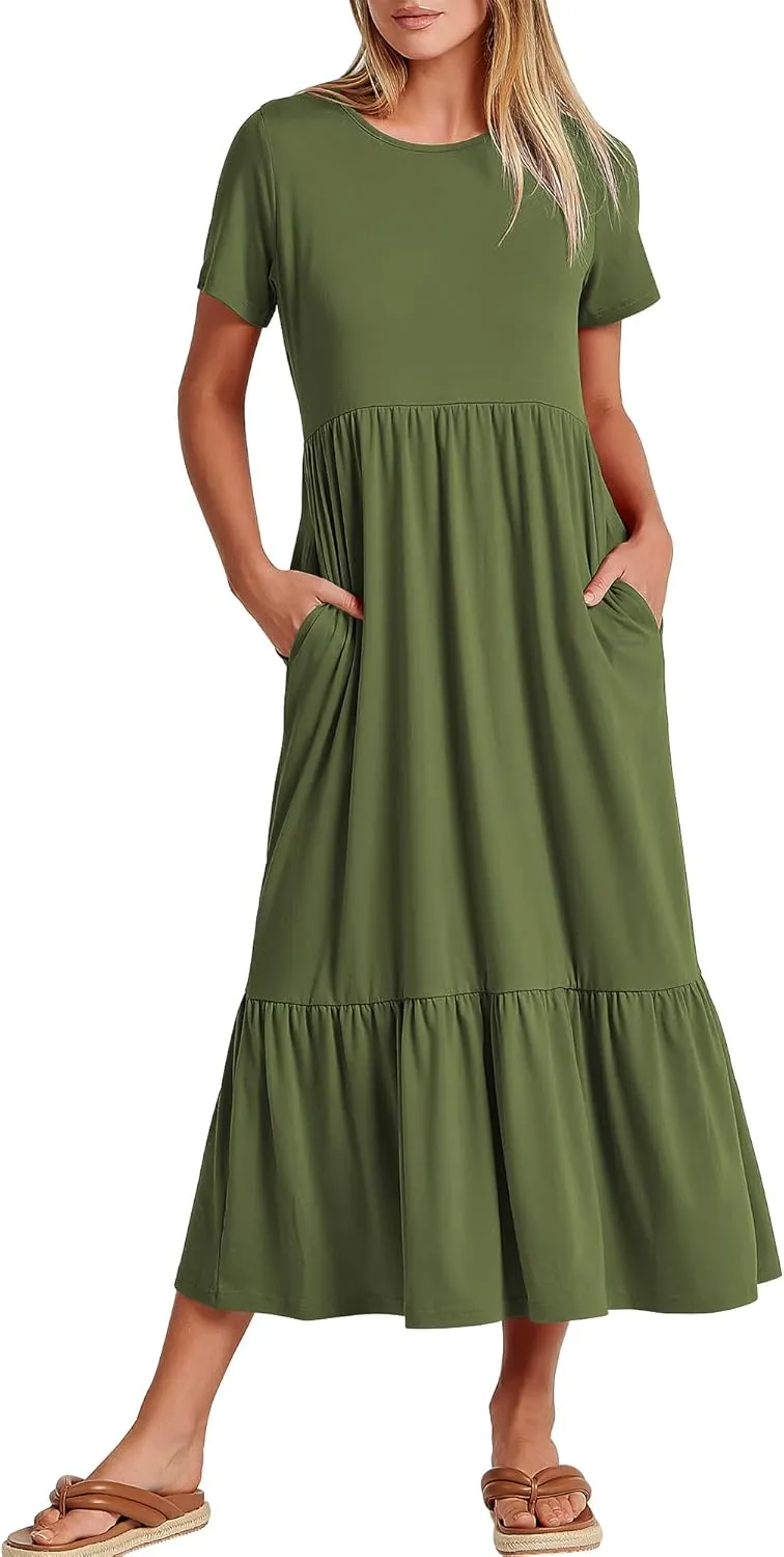 ANRABESS Women Summer Casual Short Sleeve Crewneck Aline Swing Flowy Tiered Shirt Maxi Beach Long Dress 2025 Trendy Outfits