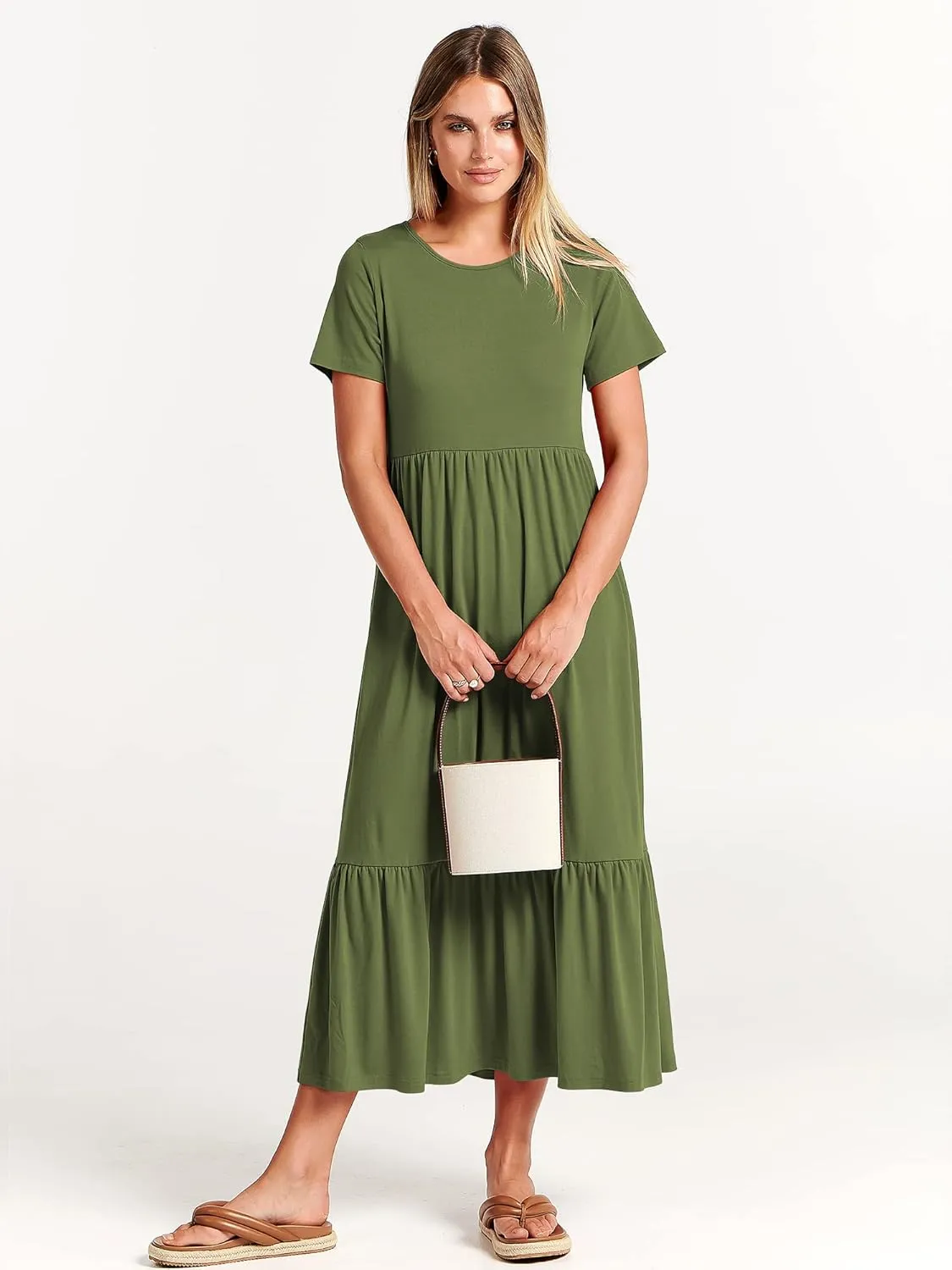 ANRABESS Women Summer Casual Short Sleeve Crewneck Aline Swing Flowy Tiered Shirt Maxi Beach Long Dress 2025 Trendy Outfits