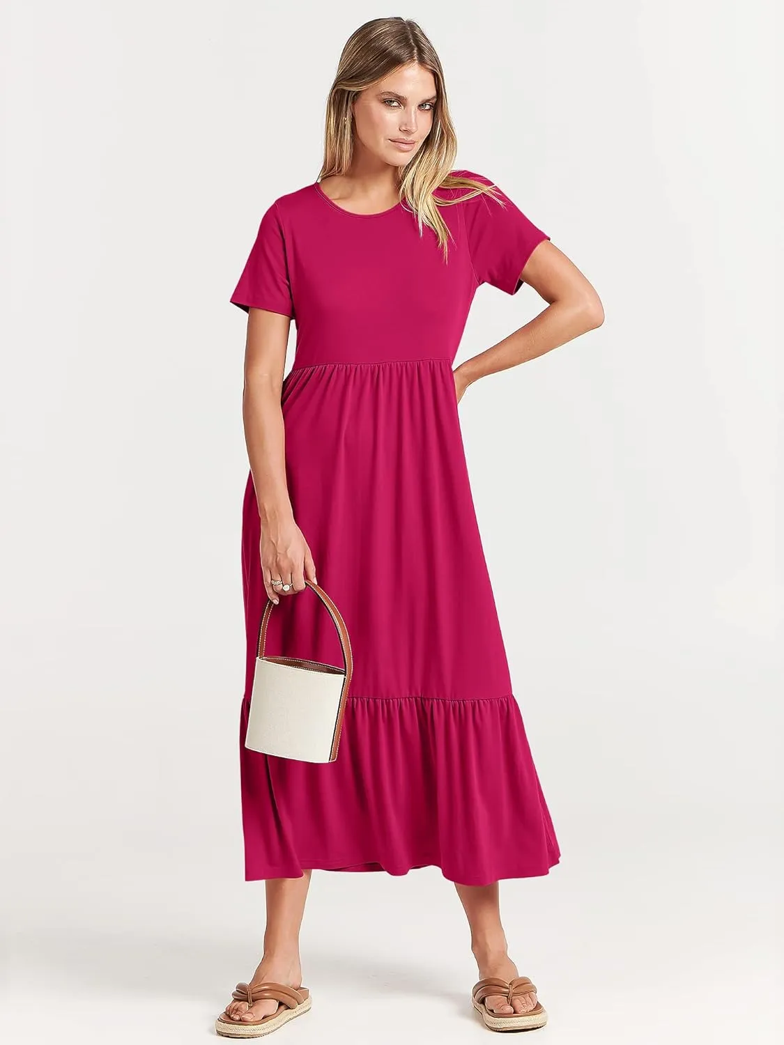 ANRABESS Women Summer Casual Short Sleeve Crewneck Aline Swing Flowy Tiered Shirt Maxi Beach Long Dress 2025 Trendy Outfits