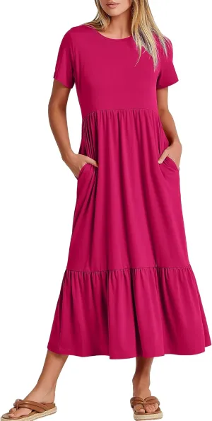 ANRABESS Women Summer Casual Short Sleeve Crewneck Aline Swing Flowy Tiered Shirt Maxi Beach Long Dress 2025 Trendy Outfits