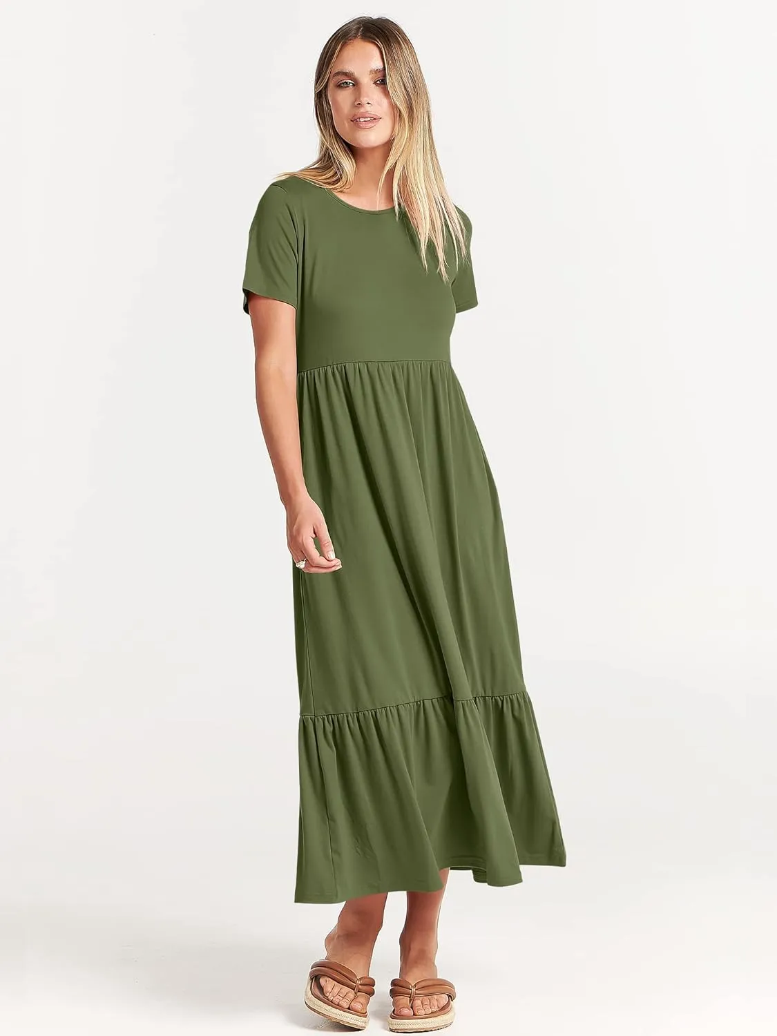 ANRABESS Women Summer Casual Short Sleeve Crewneck Aline Swing Flowy Tiered Shirt Maxi Beach Long Dress 2025 Trendy Outfits