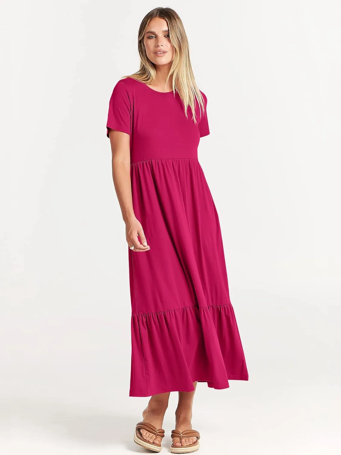 ANRABESS Women Summer Casual Short Sleeve Crewneck Aline Swing Flowy Tiered Shirt Maxi Beach Long Dress 2025 Trendy Outfits