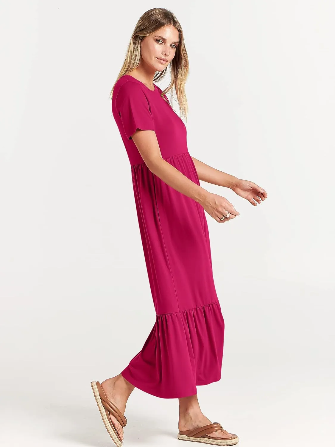 ANRABESS Women Summer Casual Short Sleeve Crewneck Aline Swing Flowy Tiered Shirt Maxi Beach Long Dress 2025 Trendy Outfits