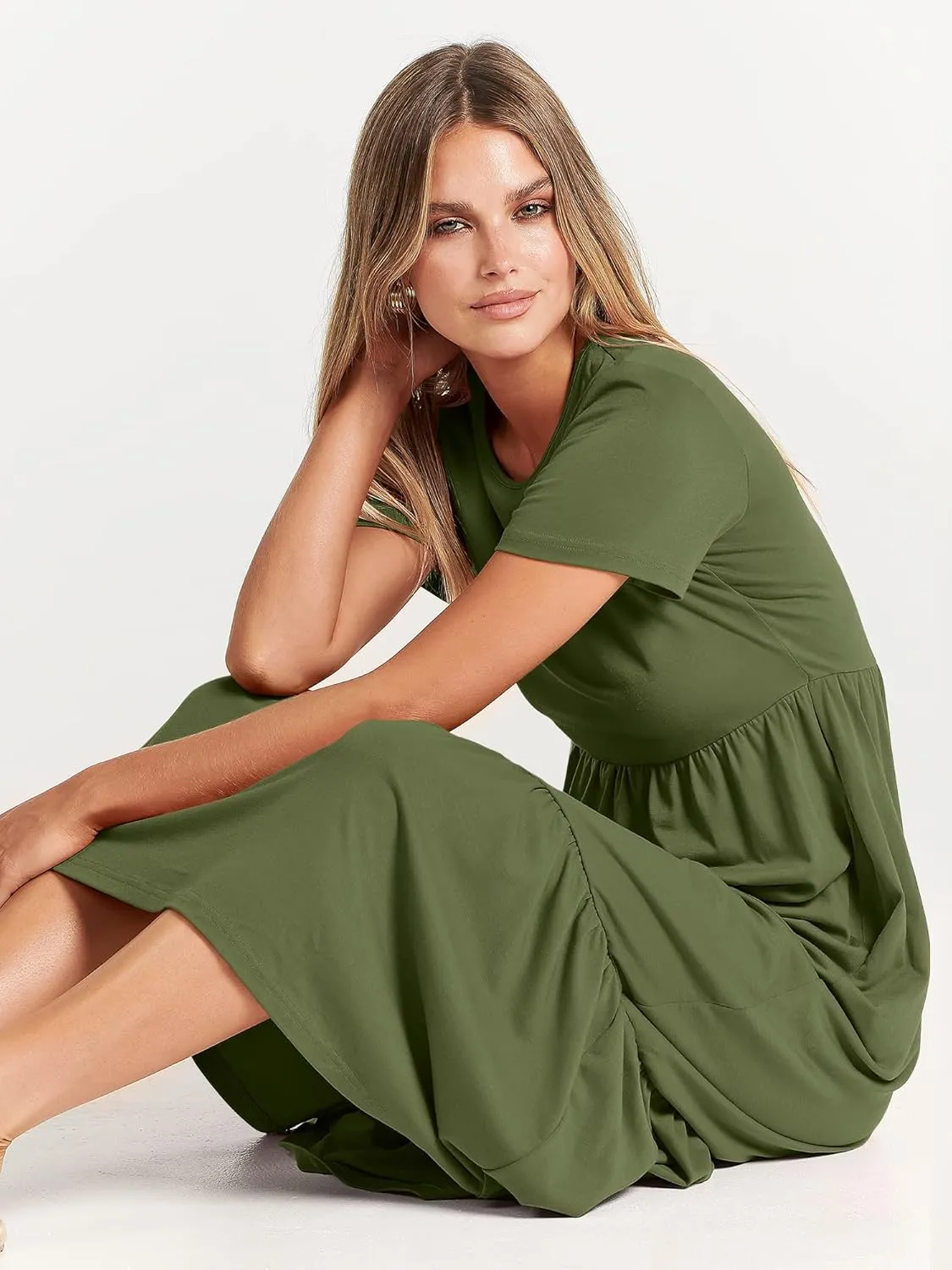 ANRABESS Women Summer Casual Short Sleeve Crewneck Aline Swing Flowy Tiered Shirt Maxi Beach Long Dress 2025 Trendy Outfits