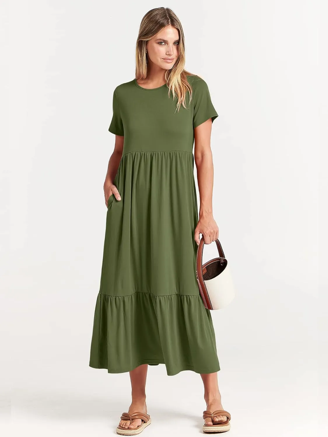 ANRABESS Women Summer Casual Short Sleeve Crewneck Aline Swing Flowy Tiered Shirt Maxi Beach Long Dress 2025 Trendy Outfits