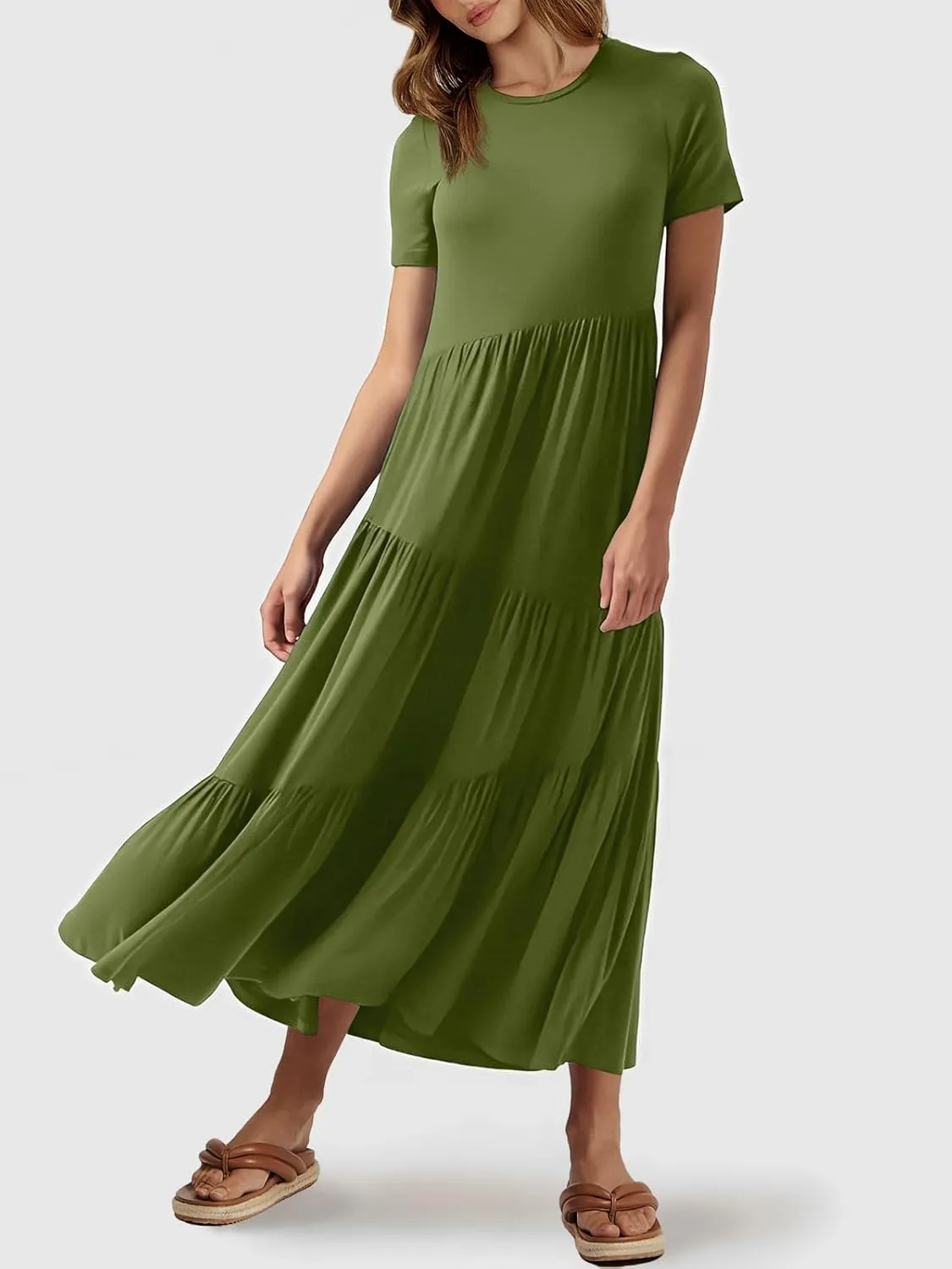 ANRABESS Women Summer Maxi Dress Short Sleeve Swing Casual Asymmetric Tiered Vacation Long Beach Sundress Outfits