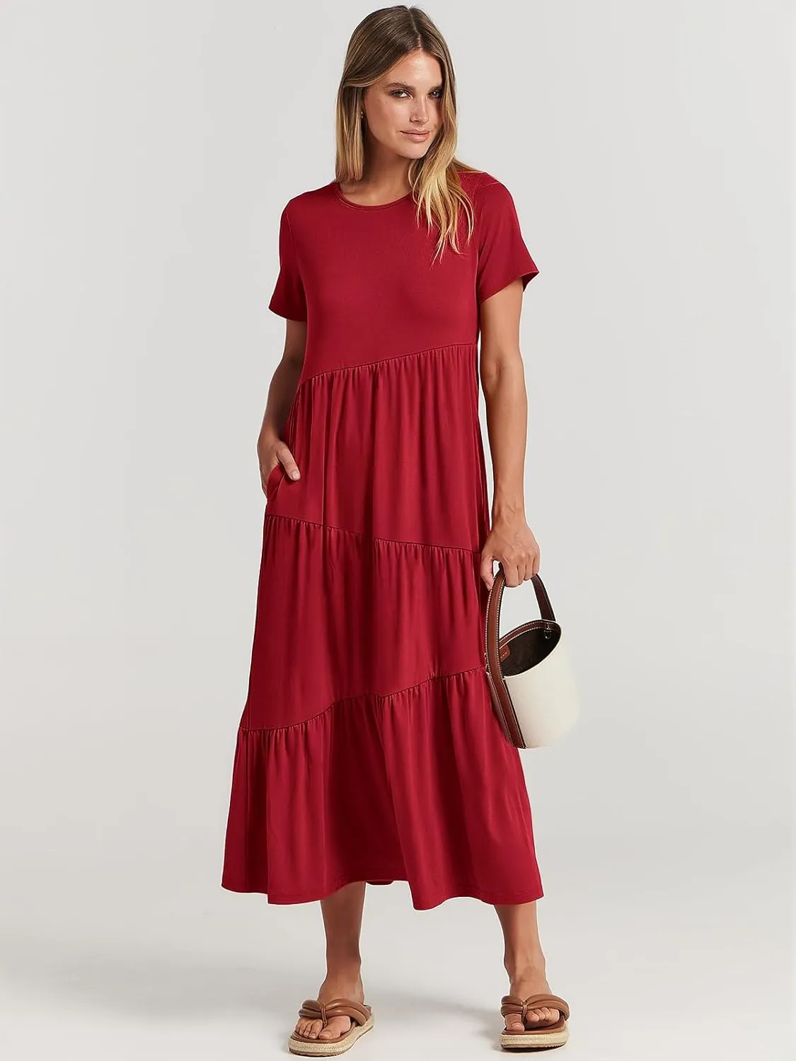 ANRABESS Women Summer Maxi Dress Short Sleeve Swing Casual Asymmetric Tiered Vacation Long Beach Sundress Outfits
