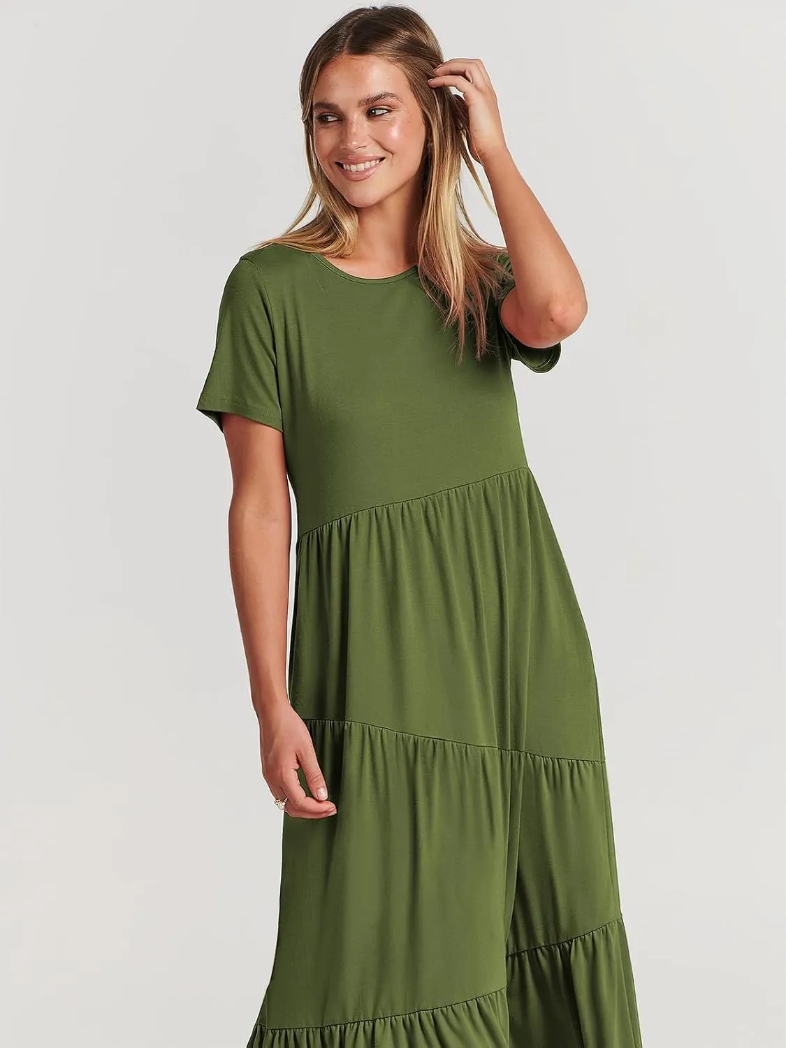 ANRABESS Women Summer Maxi Dress Short Sleeve Swing Casual Asymmetric Tiered Vacation Long Beach Sundress Outfits