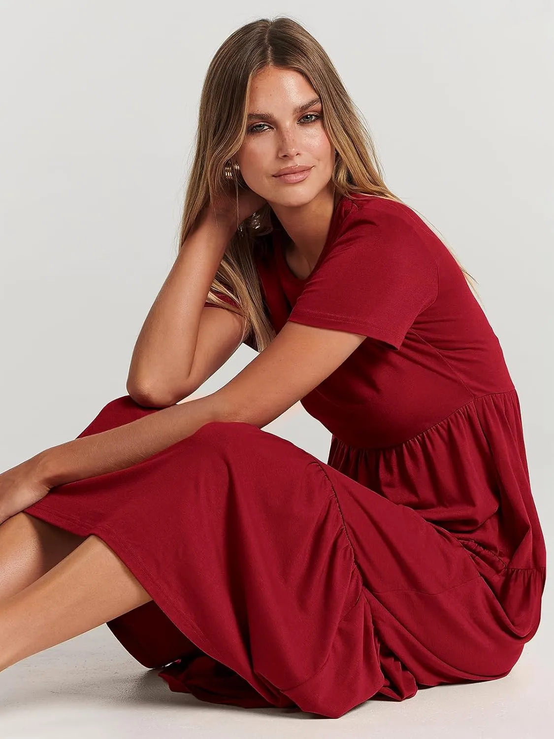 ANRABESS Women Summer Maxi Dress Short Sleeve Swing Casual Asymmetric Tiered Vacation Long Beach Sundress Outfits