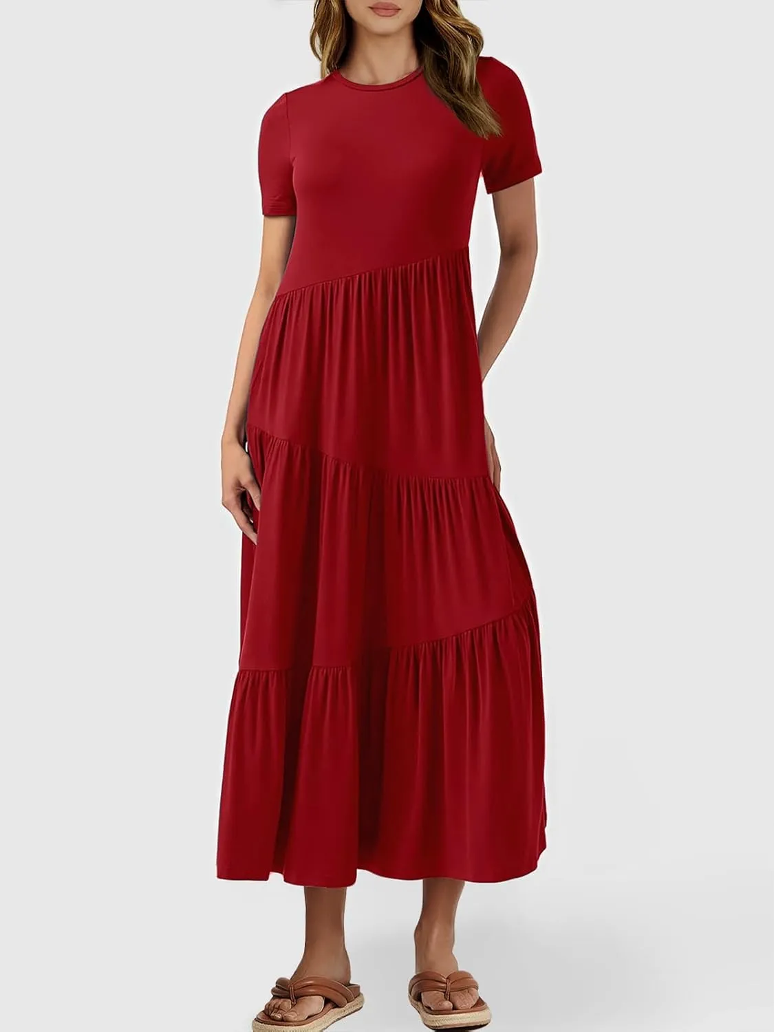 ANRABESS Women Summer Maxi Dress Short Sleeve Swing Casual Asymmetric Tiered Vacation Long Beach Sundress Outfits
