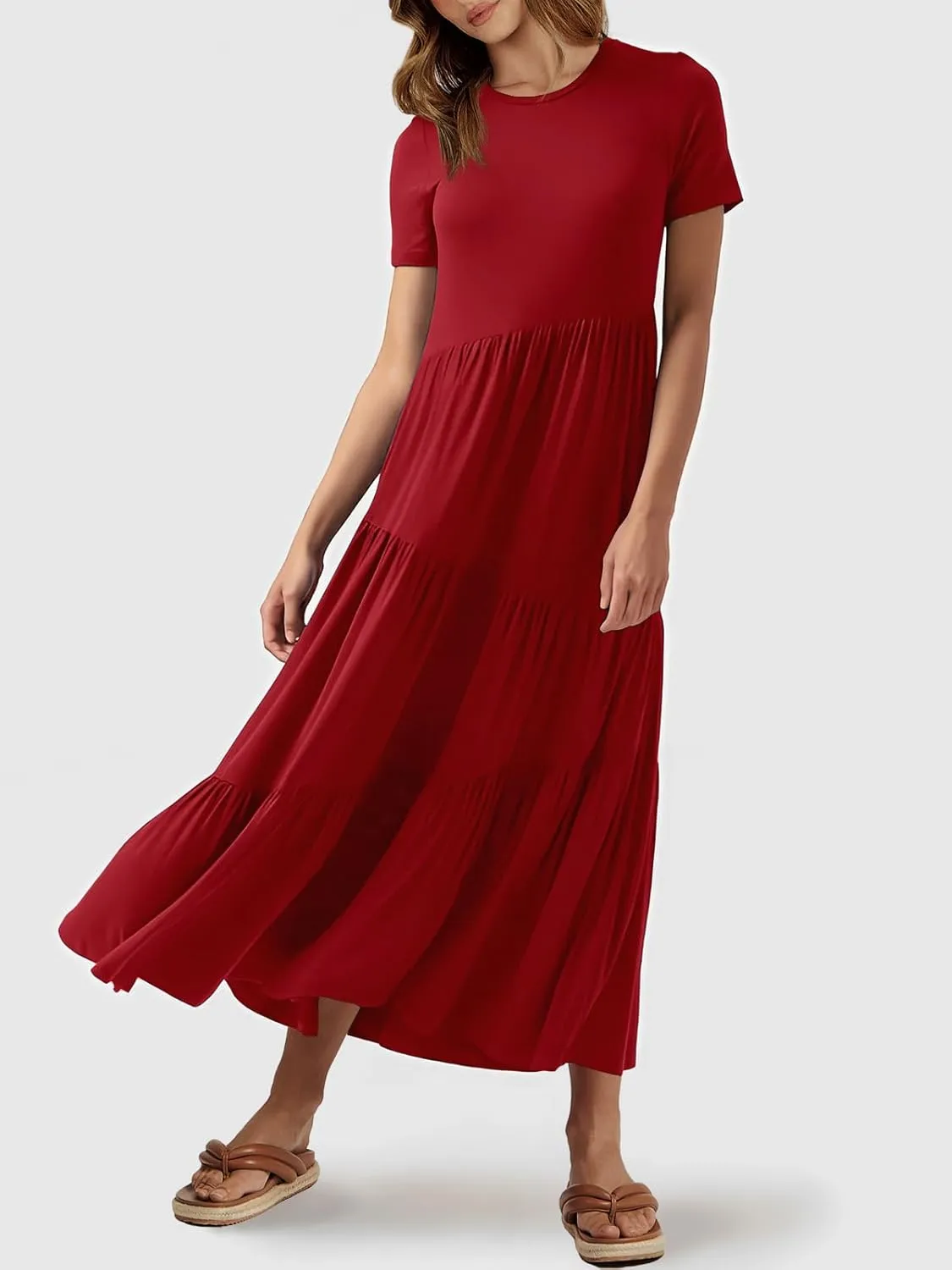 ANRABESS Women Summer Maxi Dress Short Sleeve Swing Casual Asymmetric Tiered Vacation Long Beach Sundress Outfits