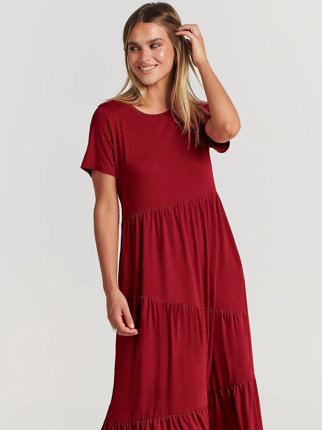 ANRABESS Women Summer Maxi Dress Short Sleeve Swing Casual Asymmetric Tiered Vacation Long Beach Sundress Outfits
