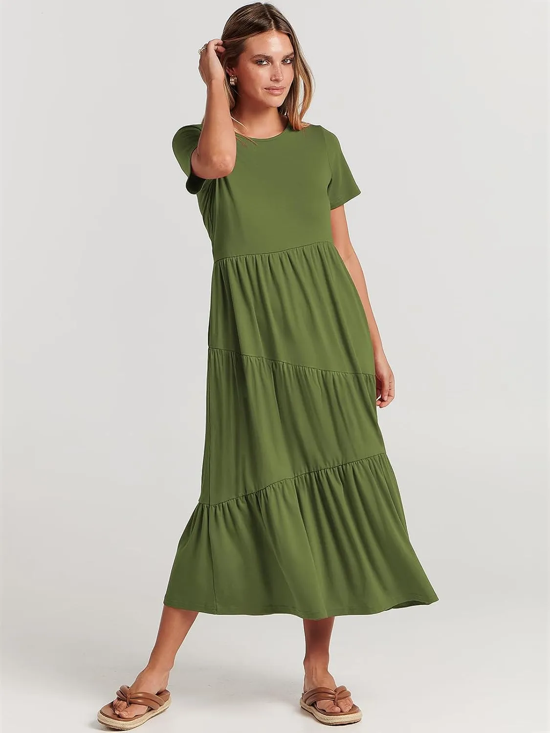 ANRABESS Women Summer Maxi Dress Short Sleeve Swing Casual Asymmetric Tiered Vacation Long Beach Sundress Outfits