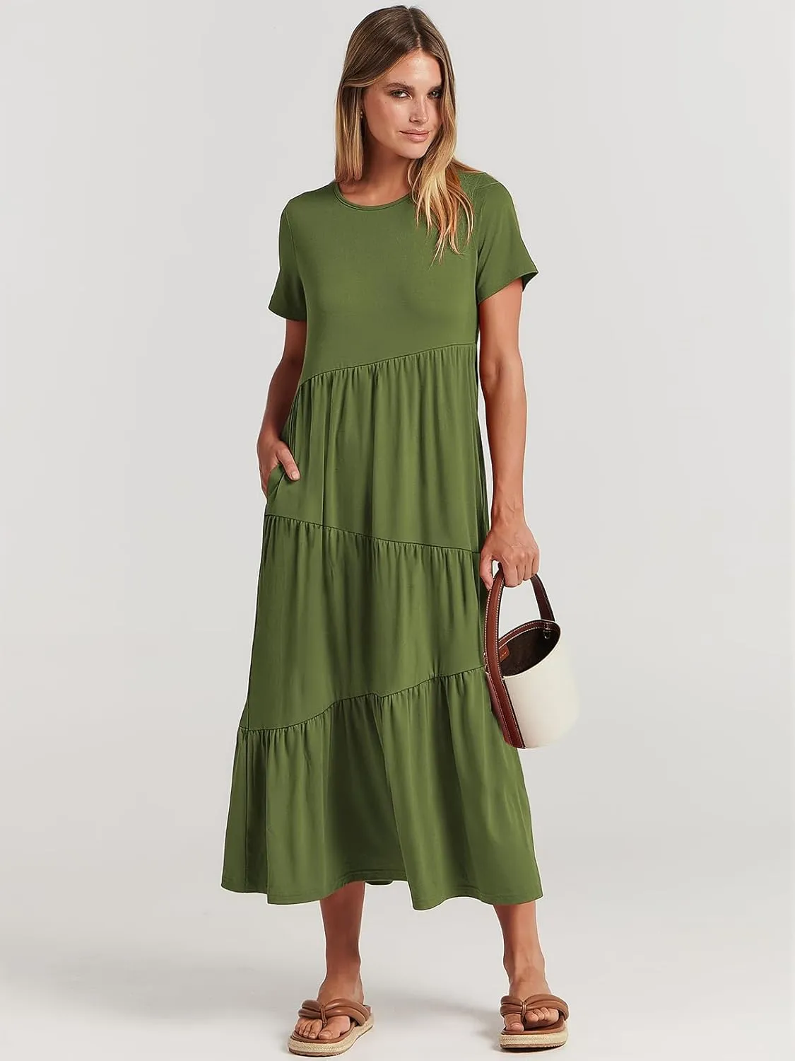 ANRABESS Women Summer Maxi Dress Short Sleeve Swing Casual Asymmetric Tiered Vacation Long Beach Sundress Outfits