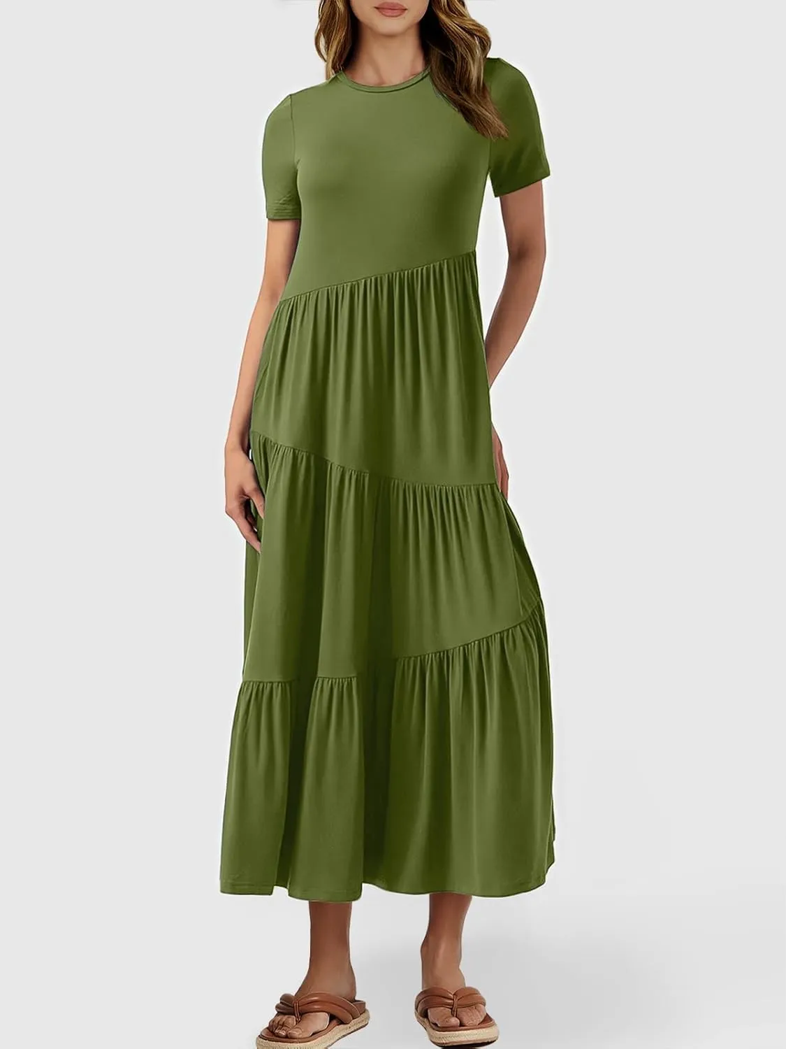 ANRABESS Women Summer Maxi Dress Short Sleeve Swing Casual Asymmetric Tiered Vacation Long Beach Sundress Outfits