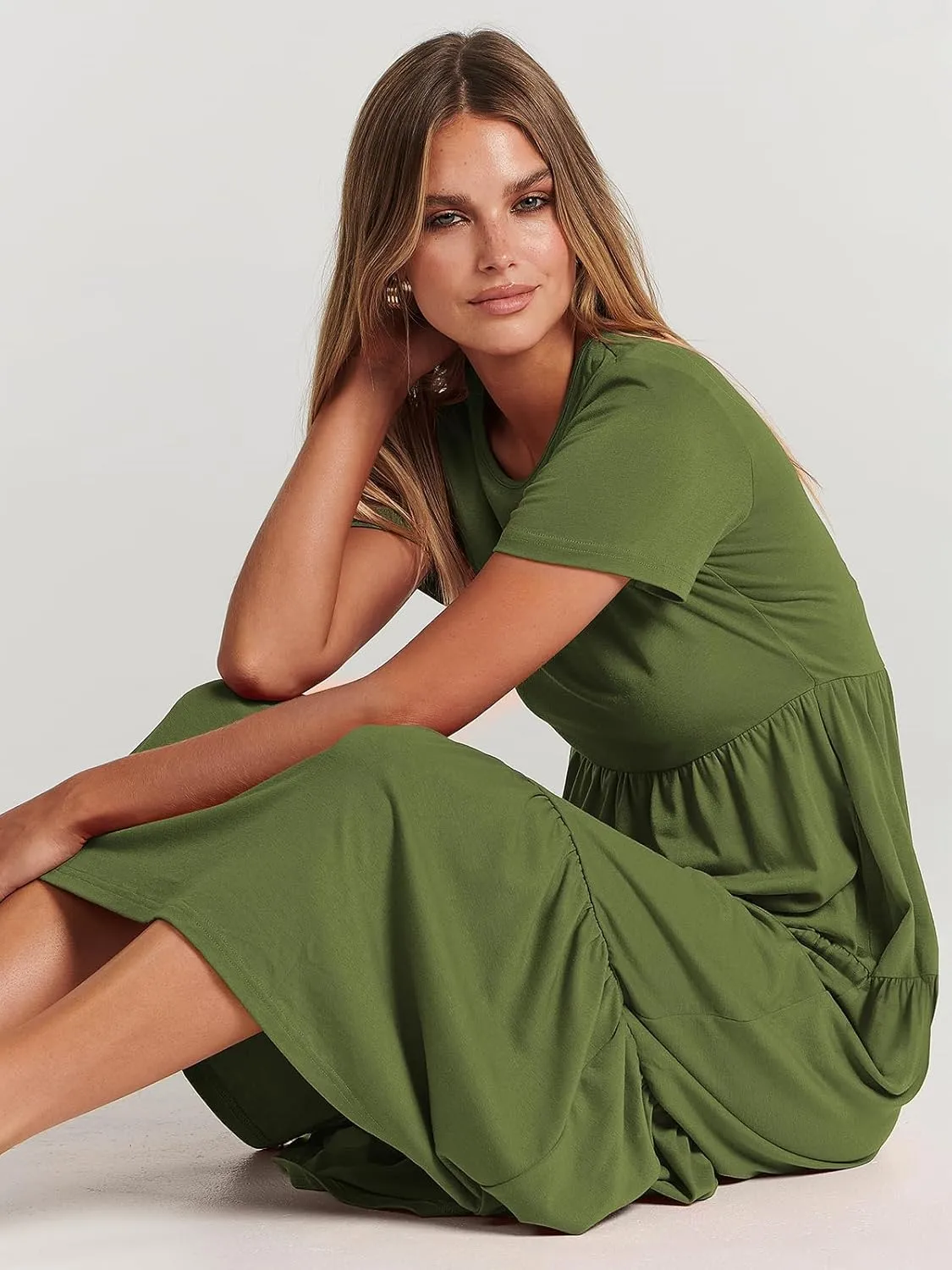ANRABESS Women Summer Maxi Dress Short Sleeve Swing Casual Asymmetric Tiered Vacation Long Beach Sundress Outfits