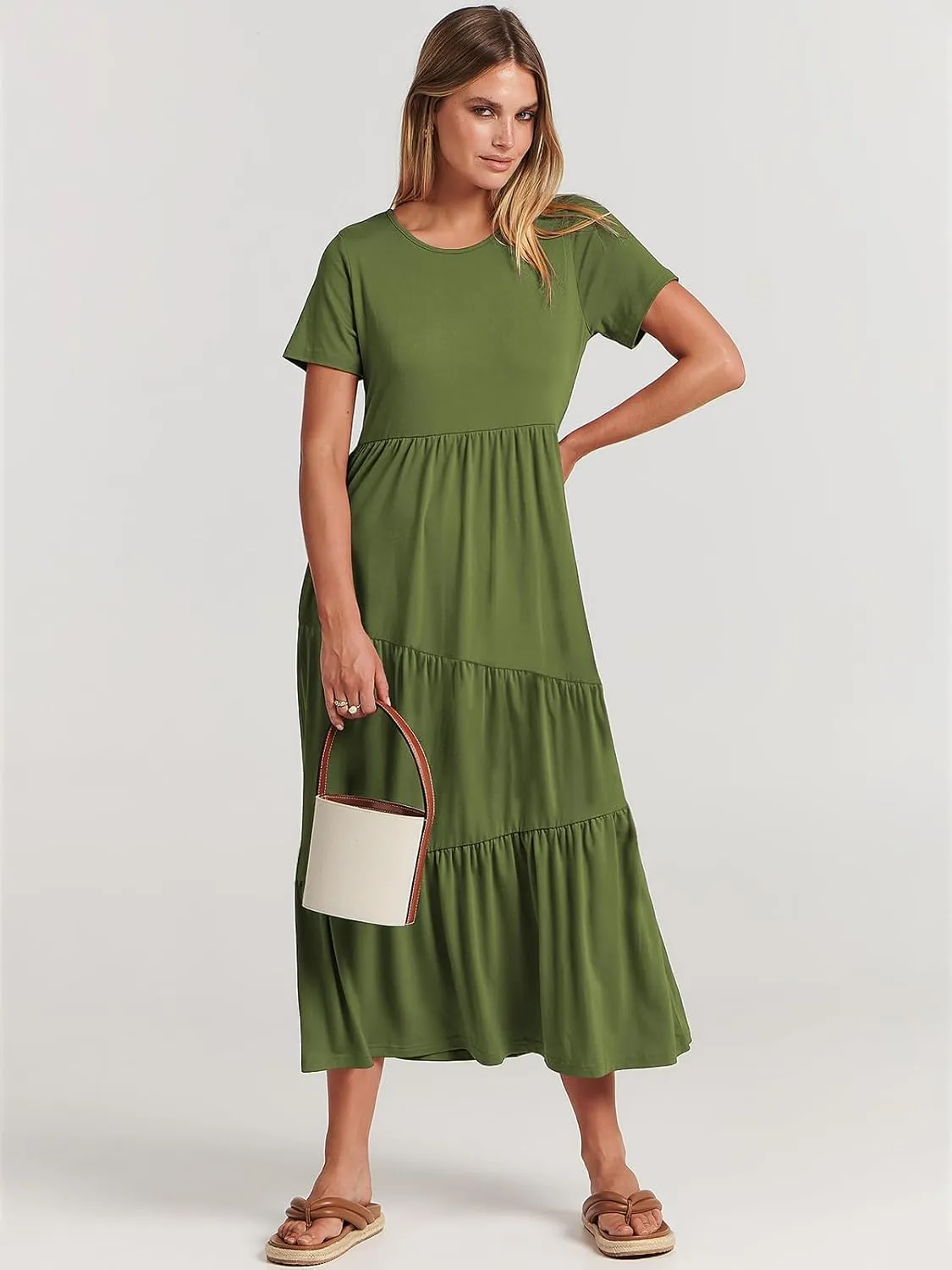 ANRABESS Women Summer Maxi Dress Short Sleeve Swing Casual Asymmetric Tiered Vacation Long Beach Sundress Outfits