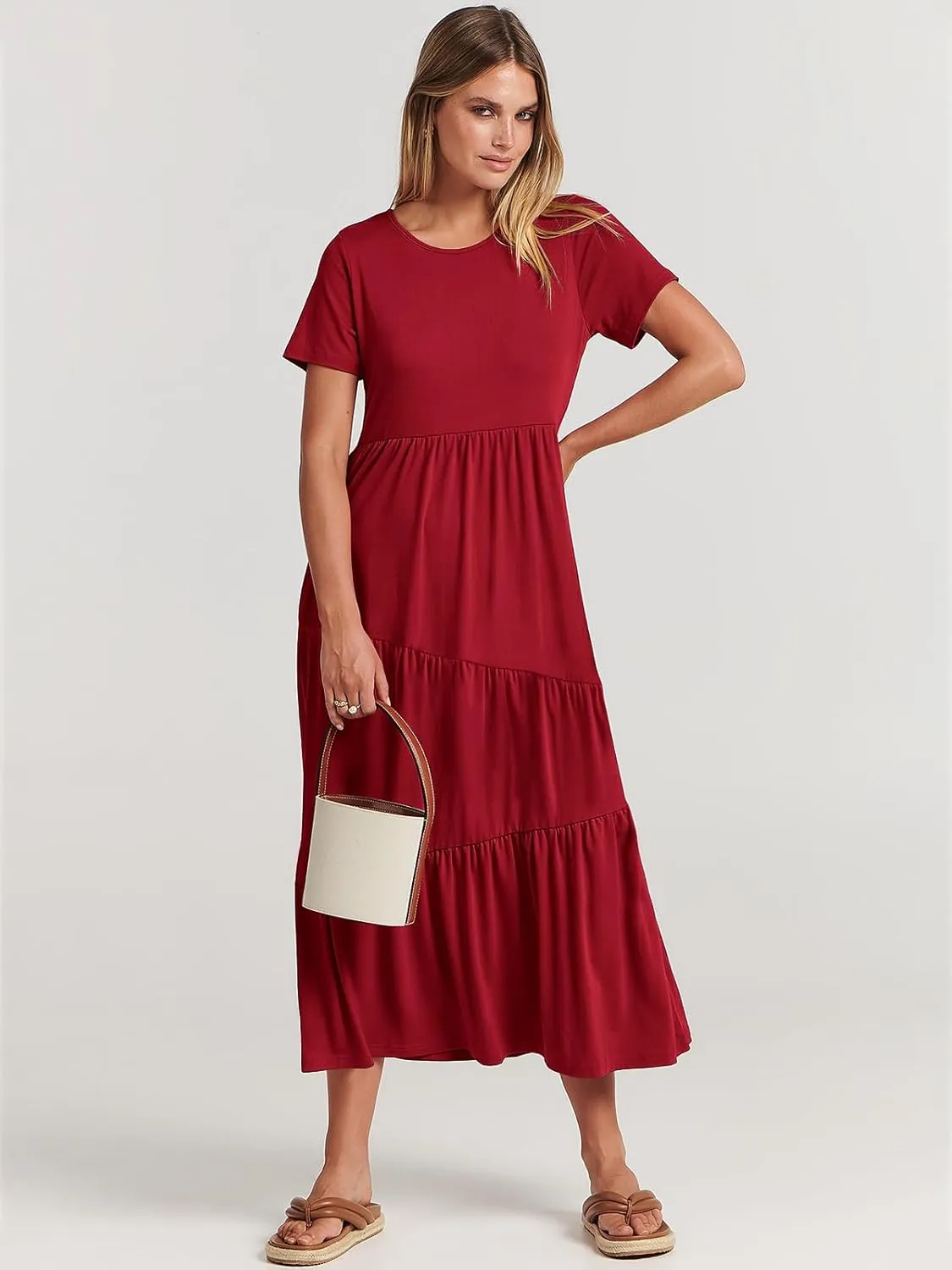 ANRABESS Women Summer Maxi Dress Short Sleeve Swing Casual Asymmetric Tiered Vacation Long Beach Sundress Outfits