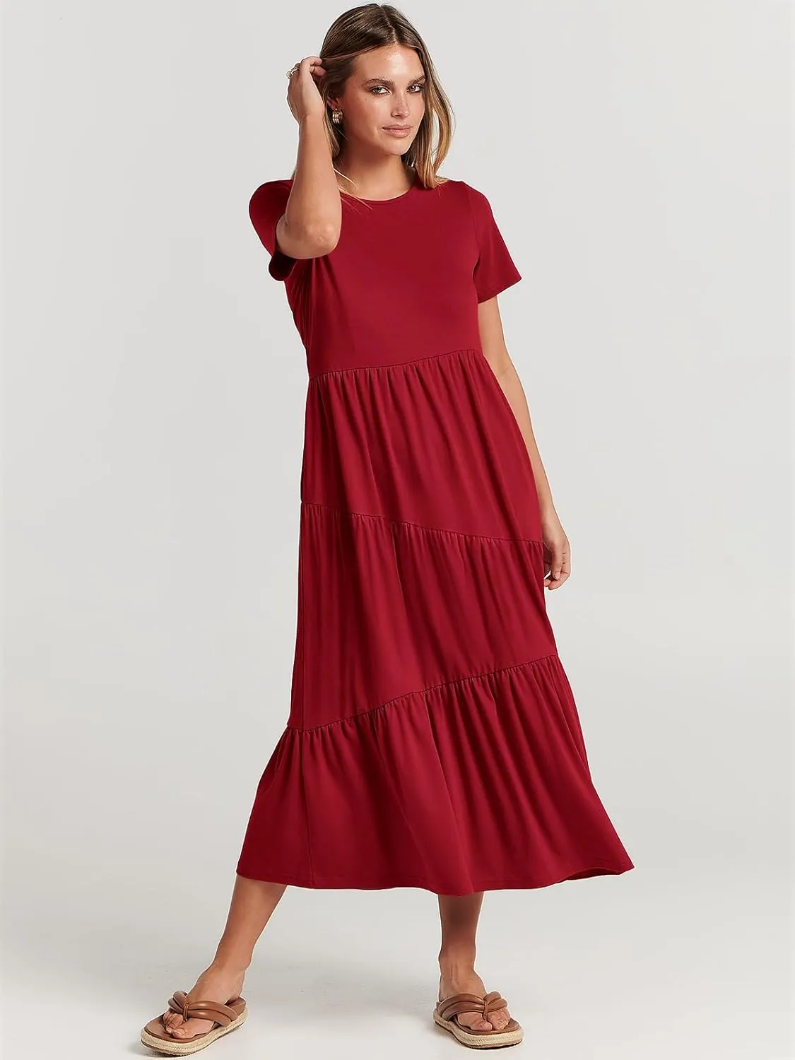 ANRABESS Women Summer Maxi Dress Short Sleeve Swing Casual Asymmetric Tiered Vacation Long Beach Sundress Outfits