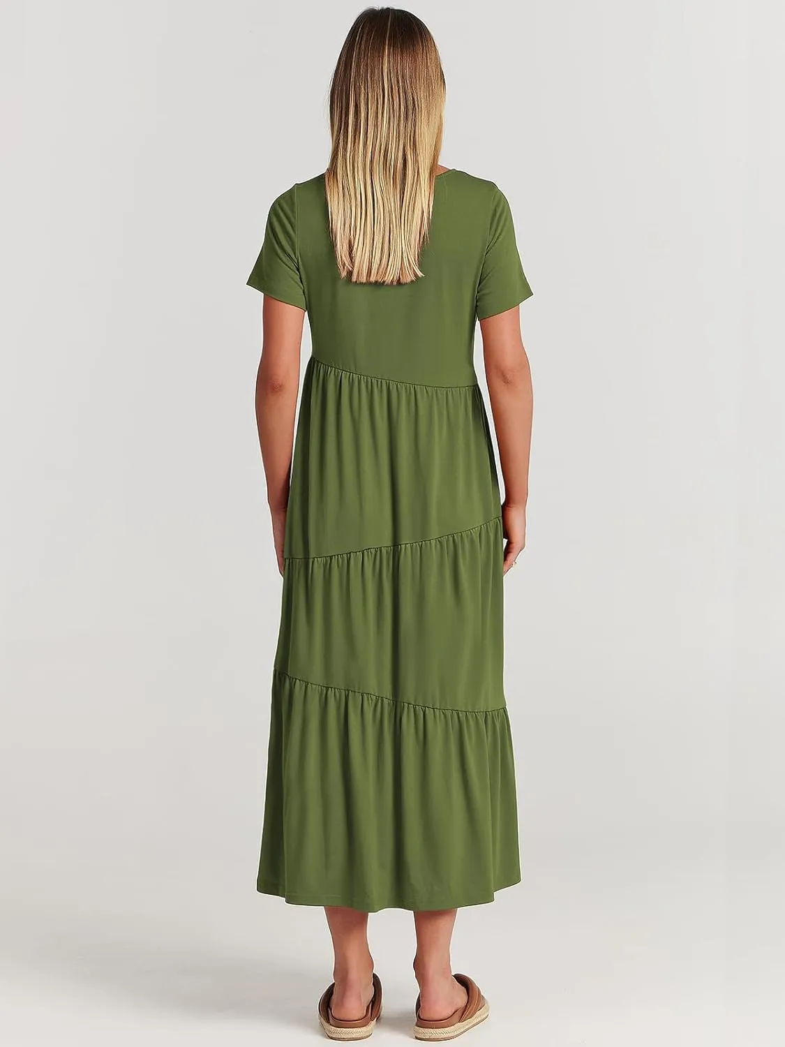 ANRABESS Women Summer Maxi Dress Short Sleeve Swing Casual Asymmetric Tiered Vacation Long Beach Sundress Outfits