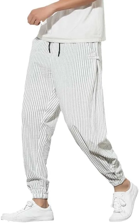 Aoleaky Harem Pants Men Korean Style Casual Loose Cotton Linen Striped Men Sweatpants Jogger Pants Streetwear Trousers