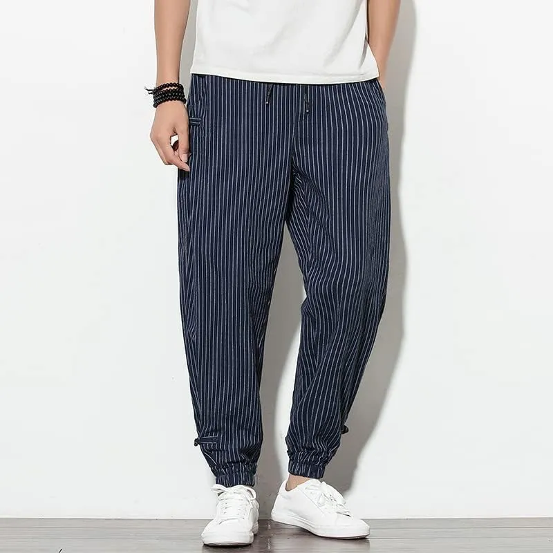 Aoleaky Harem Pants Men Korean Style Casual Loose Cotton Linen Striped Men Sweatpants Jogger Pants Streetwear Trousers