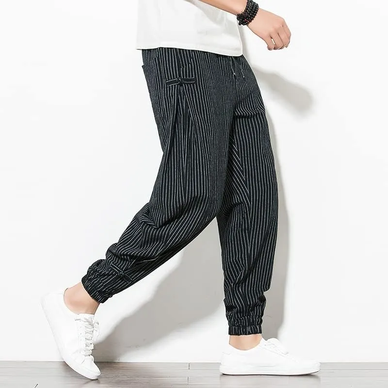 Aoleaky Harem Pants Men Korean Style Casual Loose Cotton Linen Striped Men Sweatpants Jogger Pants Streetwear Trousers